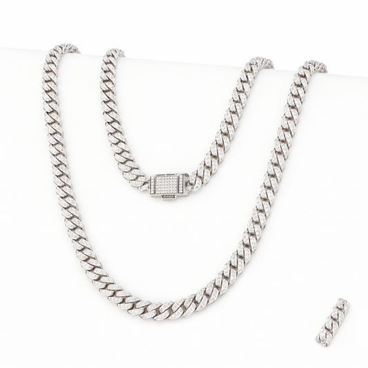 Cadena Cubana oro blanco laminado con diamantes moissanita