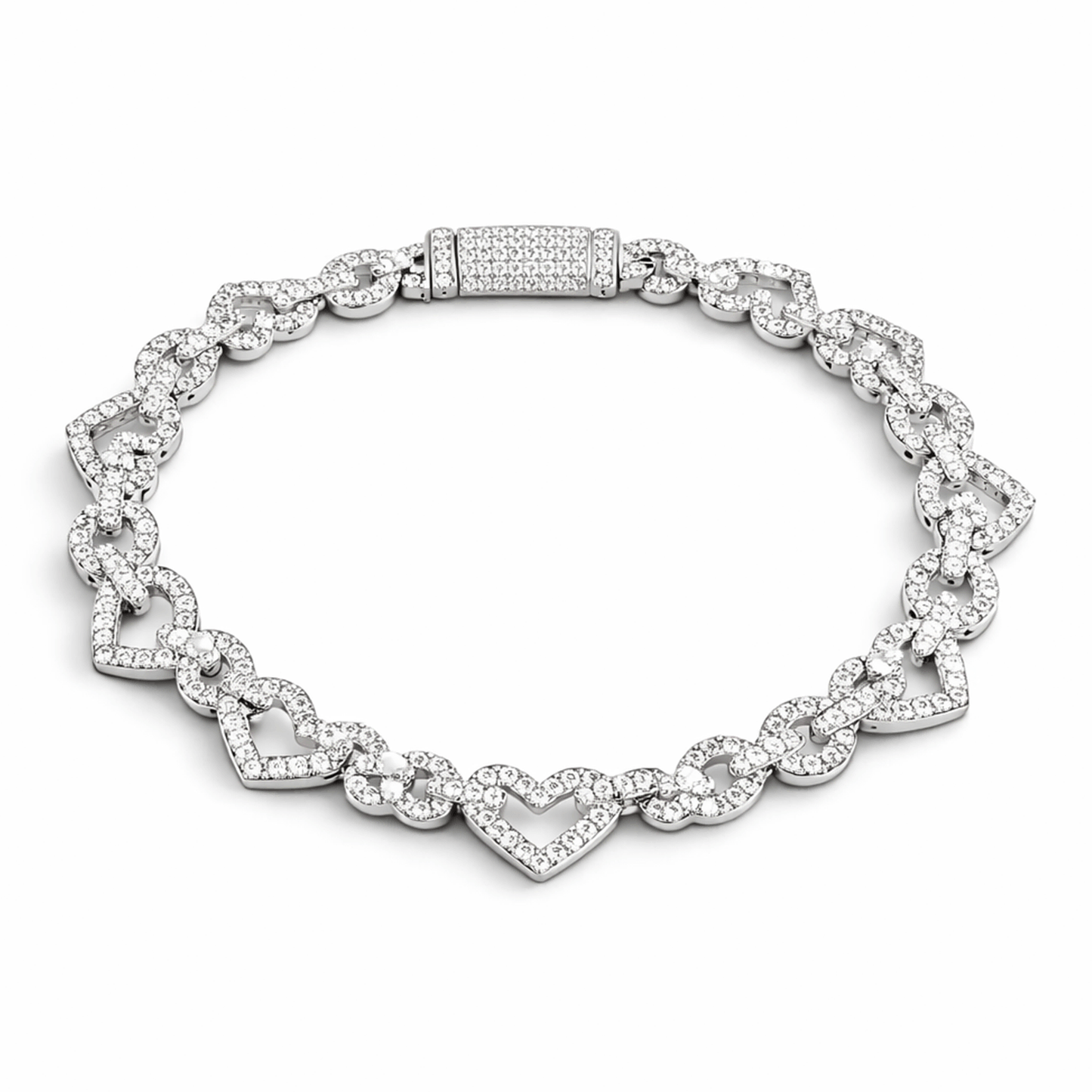 Pulsera Corazones Base de Plata con Oro Laminado Blanco y Moissanita VVS