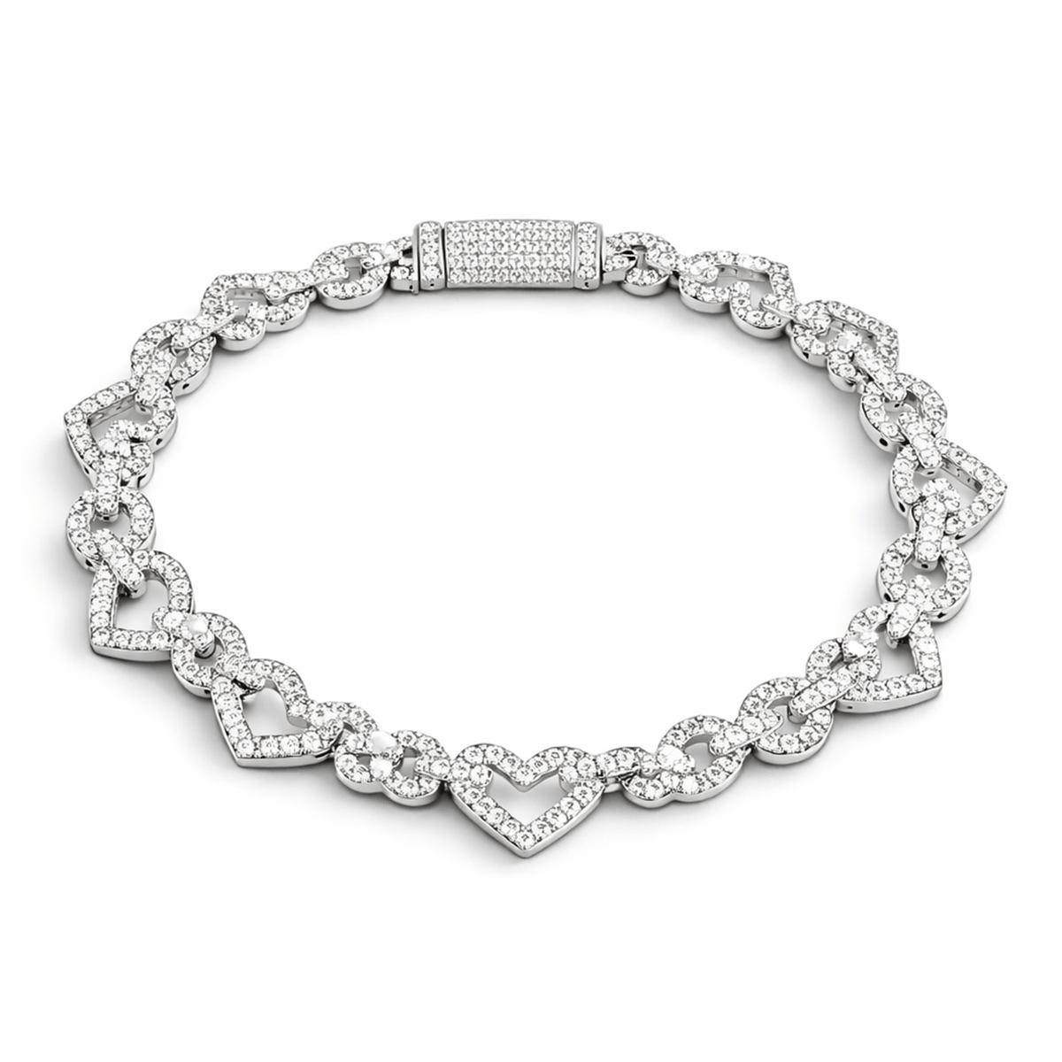 Pulsera Corazones Base de Plata con Oro Laminado Blanco y Moissanita VVS