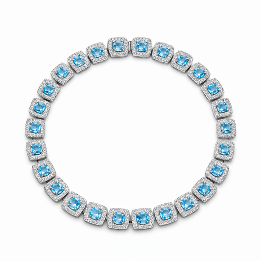 Pulsera Tennis Base de Plata con Oro Laminado Blanco 18K y Diamantes VVS Turquesa y Blancos