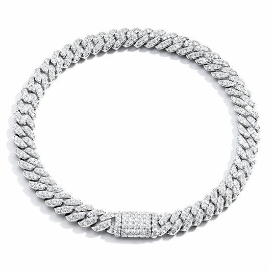 Pulsera Cubana Base de Plata con Oro Laminado Blanco y Moissanita VVS